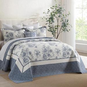 SOElinens Oversized King Bedspread 120x120 - Botanical Floral Farmhouse Reversible California King Quilt Set, 3-Piece Lightweight Thin Comforter Coverlet Set, 100% Cotton, Cal King, Blue/Off White