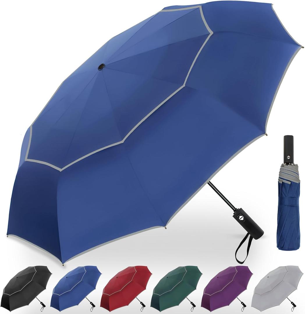 Satol Extra Large Golf Umbrella, 62 Inch Windproof 10 Ribs Vented Double Canopy Reflective Strips Automatic Open/Close Waterproof UV Protection Portable Compact Umbrella for Outdoor & Travel (Blue Round Handle)