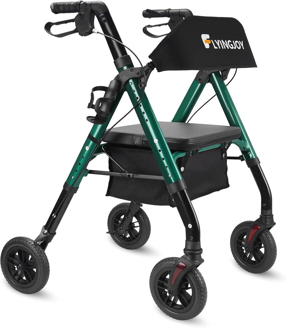 Rollator Walker with Seat and Brakes, 300 lbs Adults Bariatric Walker for Seniors with Extra Wide Backrest, Lightweight Folding Adjustable Height, All Terrain Rolling Walker 8 Inch 4 Wheels