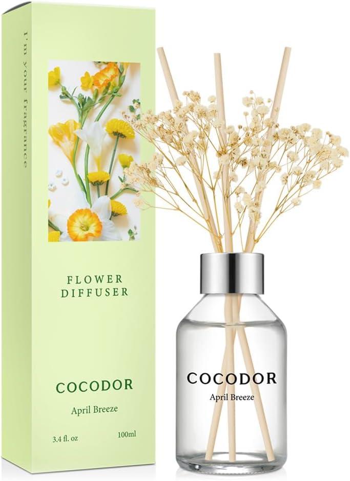 COCODOR Flower Reed Diffuser Set / 3.4oz / April Breeze/Scent Diffuser with Sticks Home Fragrance Reed Diffuser for Bathroom Shelf Decor