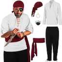 Leumoi 6 Pcs Men's Pirate Costume Men's Renaissance Medieval Viking Shirt Banded Pants Bandana Sash Belt Eye Patch Earrings (Medium, White, Wine Red)