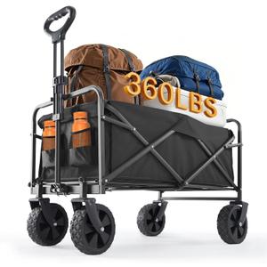 Sweetcrispy Foldable Wagon Cart, Collapsible Large Capacity Garden Beach Cart with All-Terrain Wheels, Heavy Duty Utility Grocery Wagon with Drink Holders for Shopping Sports Camping (120L, Black New)