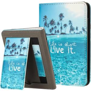 MonsDirect for 6.8" Kindle Paperwhite 11th Generation 2021 Case (Model: M2L3EK / M2L4EK), PU Stand Hard Cover, Auto Wake/Sleep with Hand Strap for Kindle Paperwhite & Signature Edition, Beach
