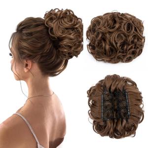 Benehair Messy Bun Hair Piece with Combs Clip in Bun Scrunchie Juva Bun Dish Fluffy Wavy Hair Updo Easy Stretch Big Chignon Short Ponytail Hairpiece for Women Light Brown 90g