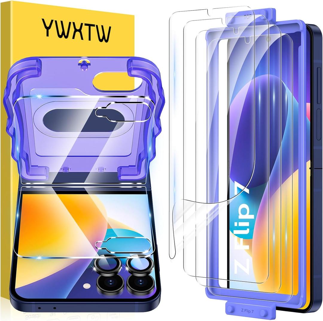 YWXTW EZ Alignment for Samsung Galaxy Z Flip 7 Screen Protector, [Strengthen Crease Test] 4Pcs Inner Soft EPU Film+2Pcs Front Display Tempered Glass+1 Set Camera lens Protector, Anti Scratch (Clear)