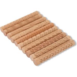 Lzttyee Set of 10 Wooden Handle Pottery Tools Clay Modeling Pattern Rollers Kit Brown (Set of 10)