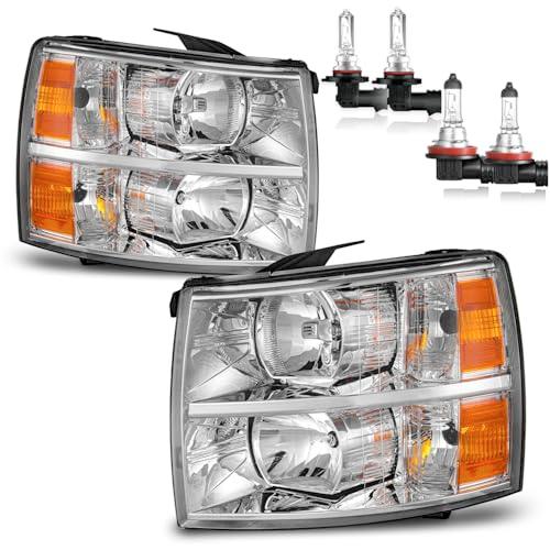 ROADEAL Headlights W/Bulbs for 2007-2013 Chevy Silverado 1500, for 2007-2014 Silverado 2500HD 3500HD Halogen Headlamp Replacement Driver & Passenger Side