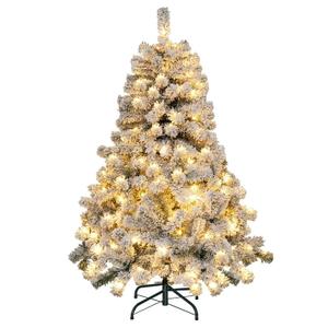 4.5 FT Pre-Lit Snow Flocked Christmas Tree, Artificial Hinged Xmas Tree W/ 150 LED Lights, 295 Branch Tips, Non-Flammable PVC Leaves, Metal Stand, Xmas Holiday Decor for Office Home