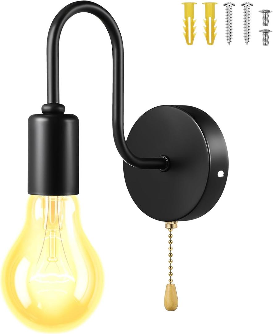 Vintage Pull Chain Wall Sconce Light Fixture, Battery Operated Wall Lamp with Switch,Indoor/Outdoor Farmhouse Wall Lights