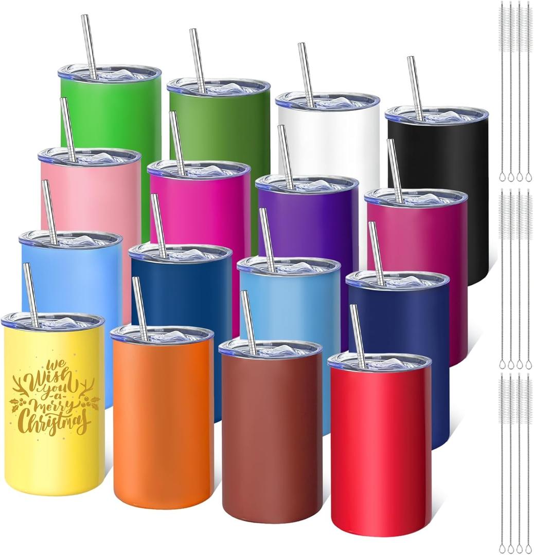 YOUKE OLA 16 Pack Stainless Steel Skinny Tumblers 12oz - Bulk Straight Double Wall Vacuum Insulated Tumbler with Lid and Straw for Travel, DIY, 16 Colors