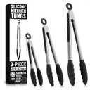 Kitchen Tongs Set of 3-7/9/12" Silicone Tipped Tongs for Cooking with Stainless Steel Build for Heat Resistant Handling, Non Stick & Easy-Lock Storage  Versatile Set for Meat Flipping & Salad Prep