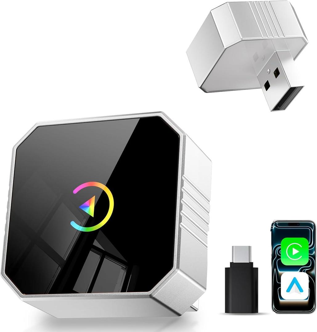 2026 Upgraded Mini Wireless CarPlay Adapter for Apple CarPlay & Android Auto, Plug & Play, Fast and Auto Connect, No Latency 2 in 1 Car Play Wireless Adapter for iPhone iOS 10+ & Android 11+ (Silver)