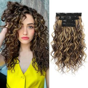 REECHO Curly Hair Extensions, 4PCS 16 inch Clip in Hair Extensions Lace Weft Short Curly Extension Clip Ins Invisible Natural Hairpieces for Women, Dark Brown with Highlights