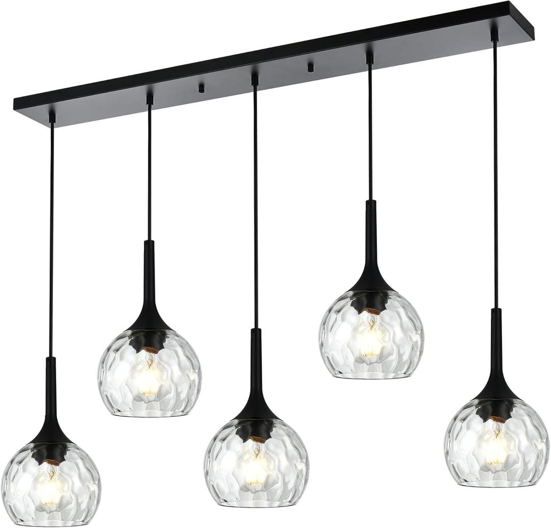 VINLUZ 5-Light Hanging Pendant Kitchen Island Light in Classic Black Finish with Ribbed Glass Shades, Modern Chandelier for Dining Room & Hallway