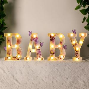 Realspring Baby Shower Sign Babe Marquee LED Letters Battery Operated Light up Centerpieces Glowing Home Table Party Decor for Boy Girl Gender Reveal Birthday, 8.26''(Butterfly,Purple)