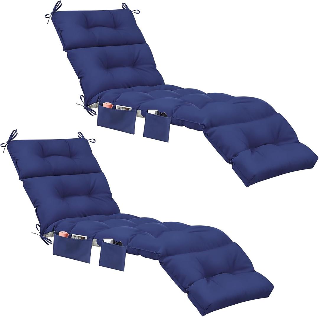 Kigley Outdoor Chaise Lounge Cushions with 3 Side Pocket 74.5 x 22 x 4.7 Inch Patio Chaise Lounge Cushion, Water-Repellent and Fade-Resistant Tufted Summer Replacement(2 Pcs,Navy Blue,Solid Color)