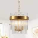 Dijiahua 3-Light Gold Pendant Lights Kitchen Island, 2-Tiers Crystal Pendant Light Fixtures Over Table, 12.6''Dia Brass Dining Room Glam Chandelier,Modern Adjustable Cord Hanging Lamp for Bedroom
