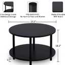 Small Round Coffee Table with Open Storage for Small Space, 23.5" Black 2-Tier Wooden Center Table for Living Room, Metal Legs, Easy to Assemble