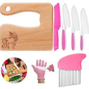 Zhehao 7 Pieces Kids Knife Set for Real Cooking Include Wood Kids Knife Plastic Potato Slicers Cooking Knives Serrated Edges Toddler Plastic Resistant Gloves for Kitchen Children(Unicorn)