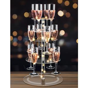 NiHome 3-Tier Clear Acrylic Champagne Tower with String Light, 12-Glass Cocktail Tree Stand Wine Rack, Weddings Parties Bars Drink Tower for Champagne, Cocktails, Martini, Margarita Cups
