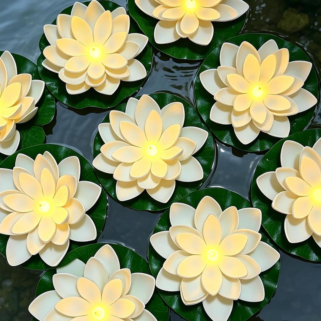 Accssoey 14 PCS Waterproof Floating Lotus Light, Floating Flower Light Battery Operated Water Activated Warm White Pool Flower Lamp Wedding,Anniversary,Garden Decoration