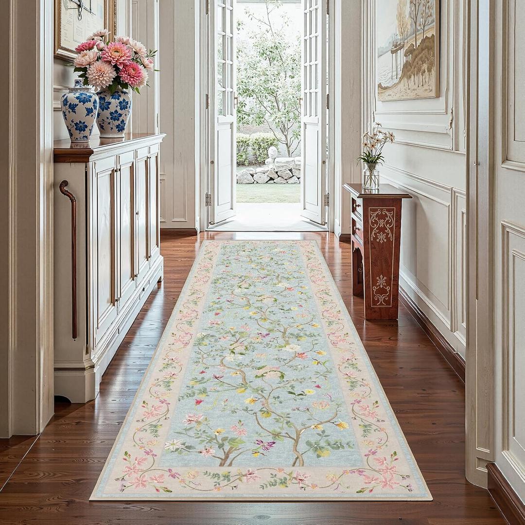 jinchan Floraison Floral Runners for Hallways 3x8 Soft Washable Runner Rug Non Slip Indoor Low Pile Chinoiserie Neutral Botanical Long Mat for Entryway Bedroom Kitchen Laundry Blue/Pink