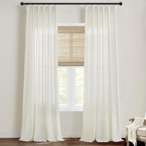 SHINELAND Single Pinch Pleated Linen Curtains, Cotton Blend Natural Fabric, Light Filtering Semi Sheer Pnale for Cozy Farmhouse Living Room Bedroom, 84 Inch Long, Cream