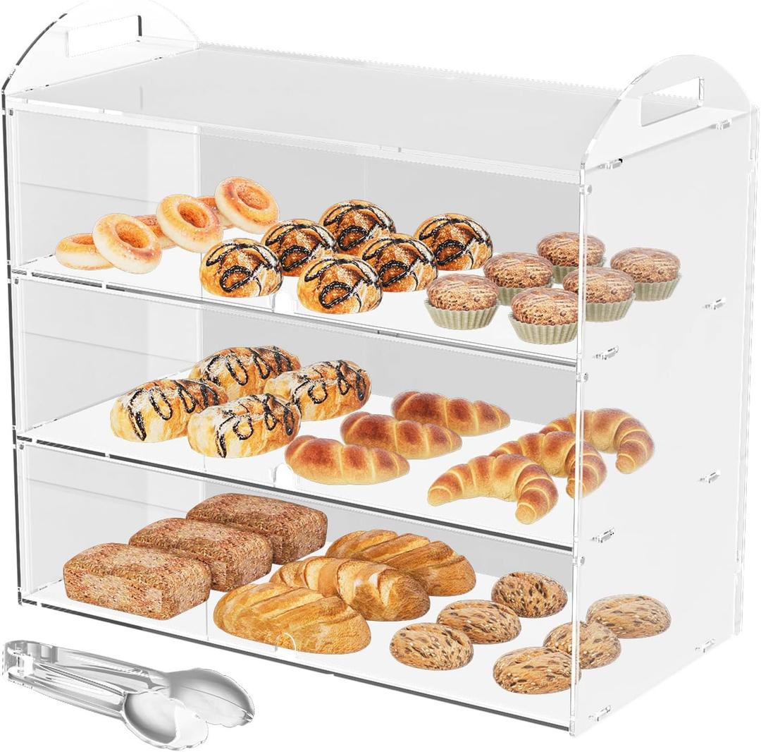 3 Tier Bakery Display Case with Handle, Countertop 23.6" L x11.8 W x19.7 H Commercial Pastry Display Case, Acrylic Clear Food Display Box for Dessert Donut Bagels Cake Cookie