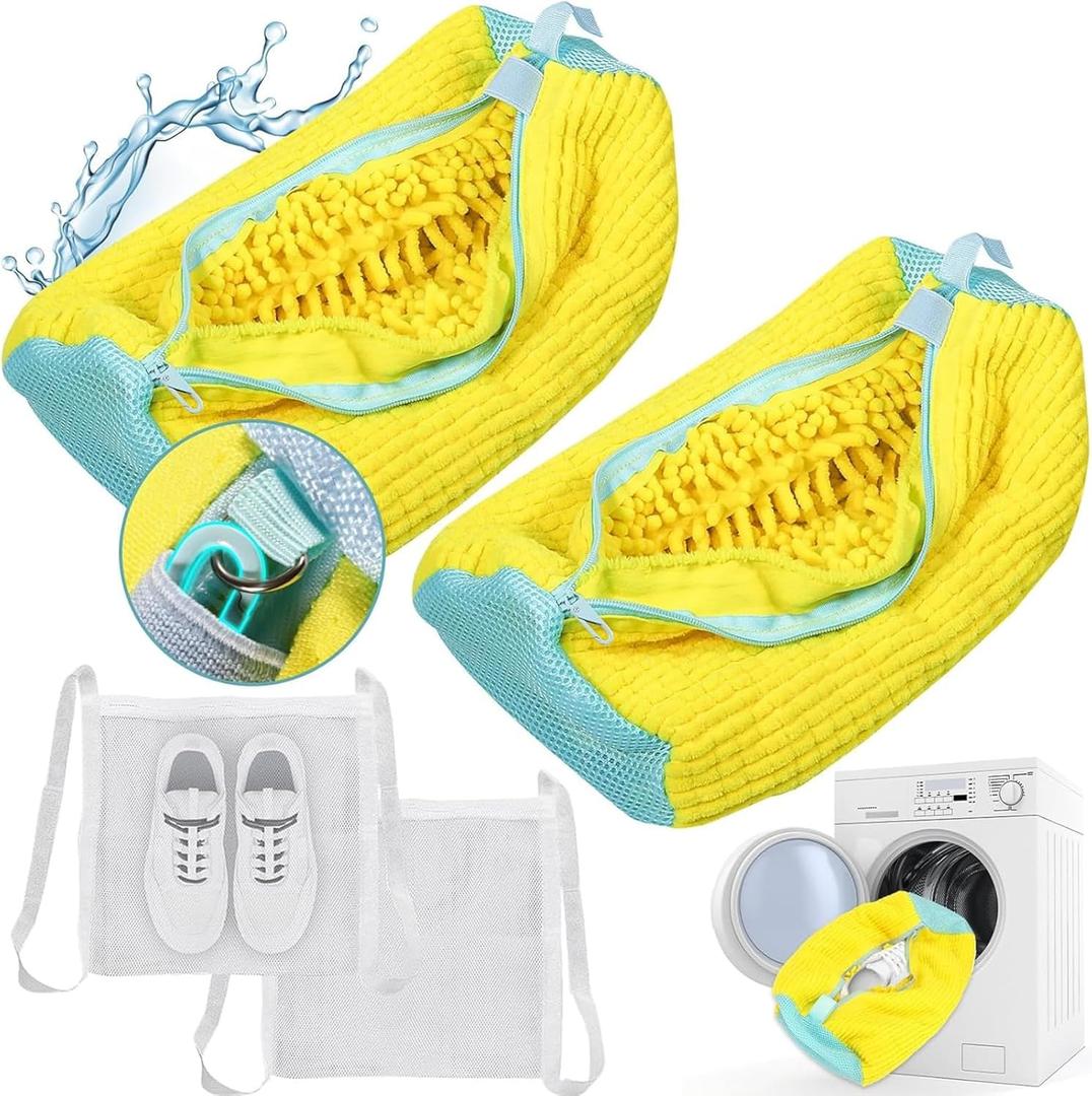 Shoe Washing Machine bag, Shoe Laundry Bag for Washer and Dryer, Include Dry Net Bag, Reusable and Durable Zipper with Hook Design, Shoe Washing Bag for Sneaker (Yellow, 2 Pack)