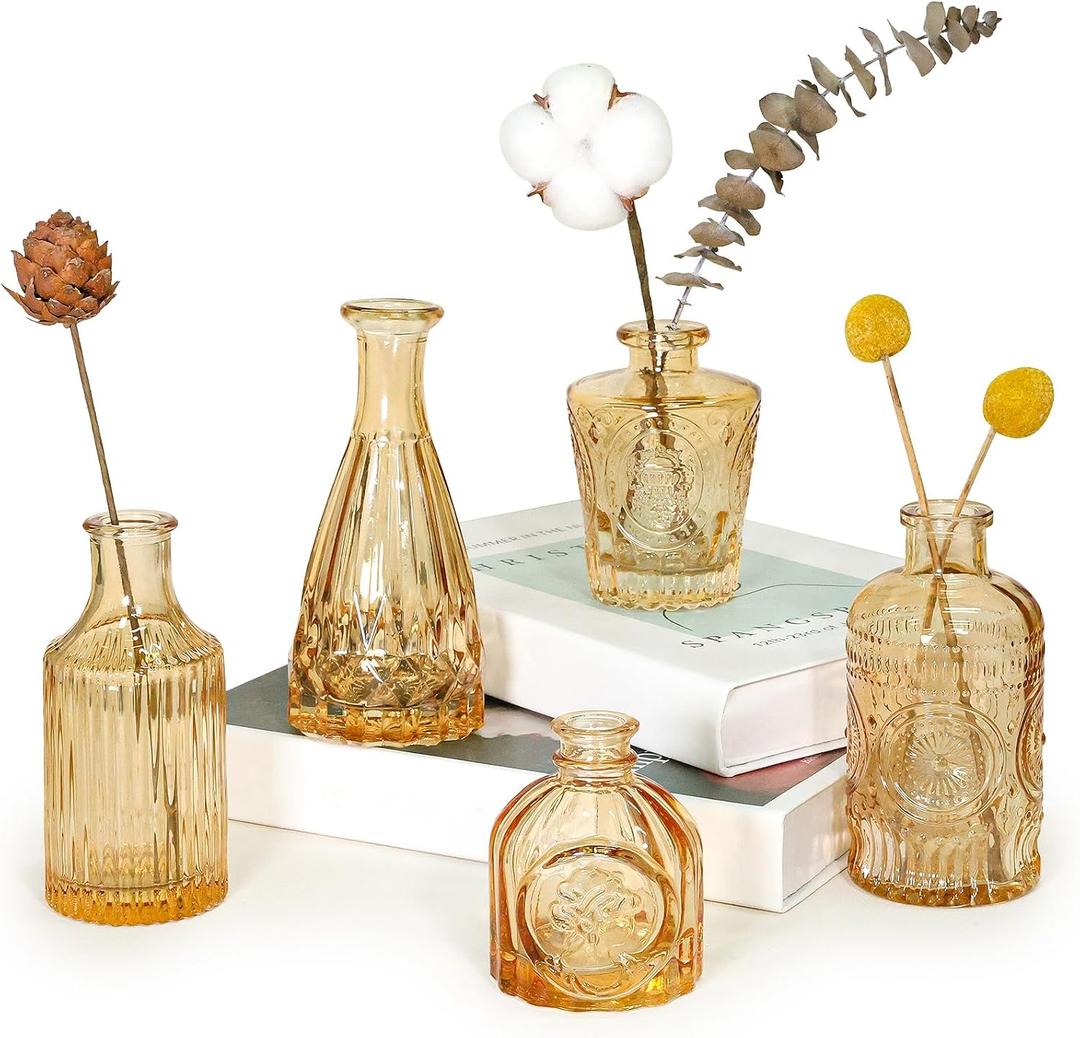 3 x SUPMIND Glass Bud Vase Set of 5, Gold Amber Small Flower Vases for Centerpieces in Bulk, Mini Vintage Vase for Rustic Wedding, Home,Table Decoration