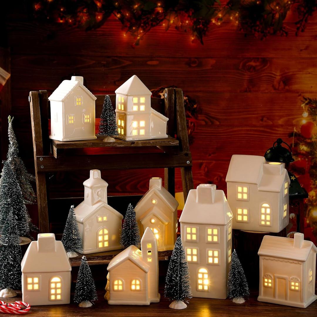 Leitee 22 Pcs Ceramic Christmas Village Set with Light Include 9 Lighted Village Houses 13 Christmas Trees for Xmas Scene Decor Winter Holiday Party Figurine Tabletop Decoration(White Roof)