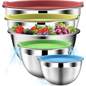 Mixing Bowls with Strainer, Mixing Bowl with Lids Set, Stainless Steel Mixing Bowls, Kitchen Gadgets 2025 Salad Bowls with Strainer for Mixing & Preping & Baking, Multicolor