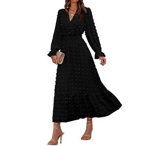 BTFBM Women Fall Maxi Dresses 2025 Long Sleeve V Neck Swiss Dots High Waisted A-Line Ruffle Boho Long Dress Vacation(Black,XX-Large)