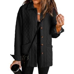 Dokotoo Casual Quilted Jackets for Women Button Down Collared Long Sleeve Winter Coats with Pockets 2025 (XX-Large, Black)