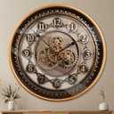 24 Inch Wall Clock with Moving Gears Large Industrial Steampunk Metal Clock Antique Gold Oversized Farmhouse Decor Wall Clock for Living Room Home Office(Bronze Brown-Arabic Numerals)