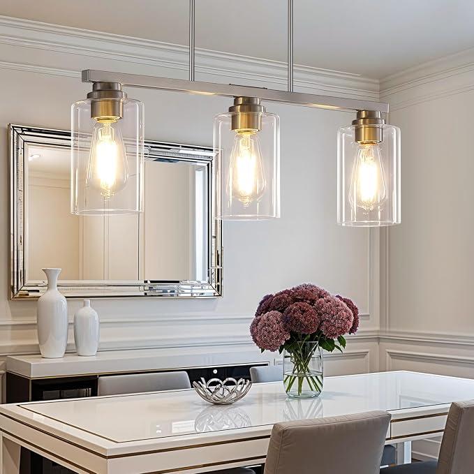 Mecgirn Island Light for Kitchen, Brushed Nickel Dining Room Light Fixture Over Table, 3-Light Linear Chandelier Pendant Lighting for Dining Table Kitchen Island Living Room, Size: 3 Light + Clear Glass