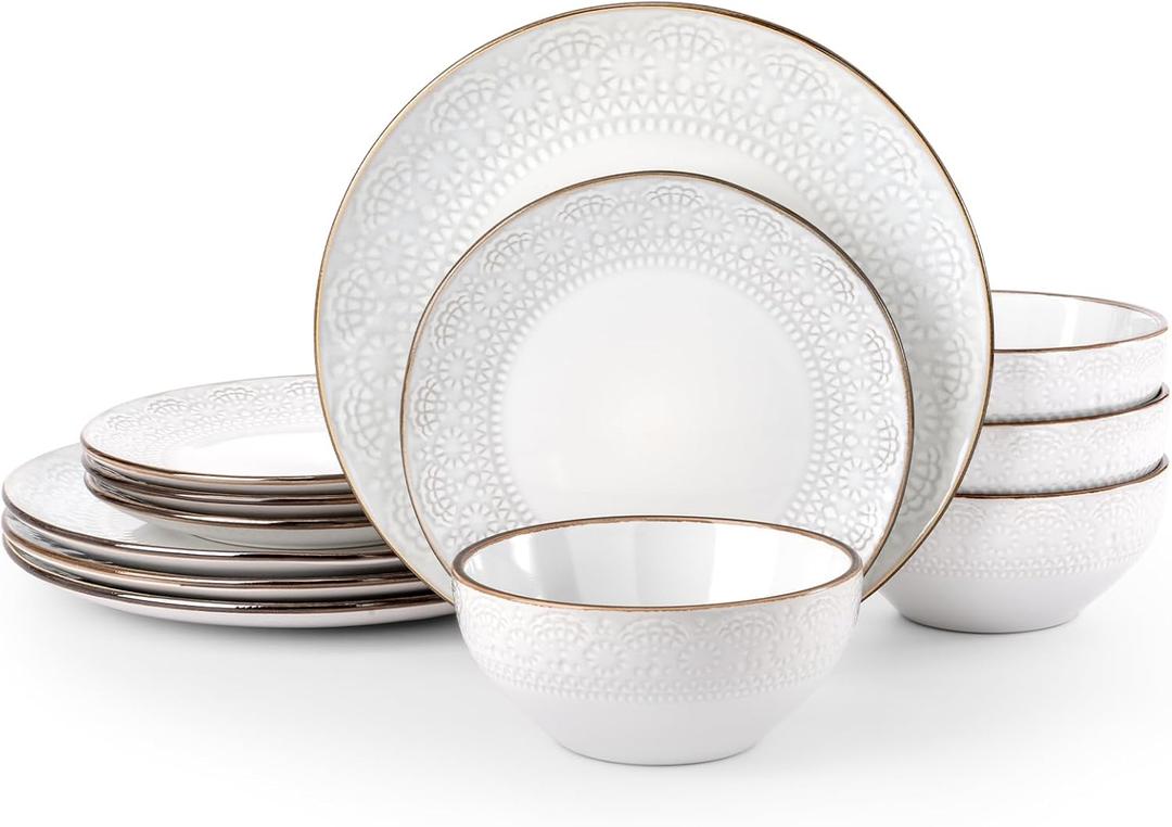 Famiware Eden Plates and Bowls Sets, Stoneware Dinnerware Sets with Gold Trim, 12 Pieces Dishes Set for 4 - Chip and Scratch Resistant, Microwave and Dishwasher Safe, White Floral