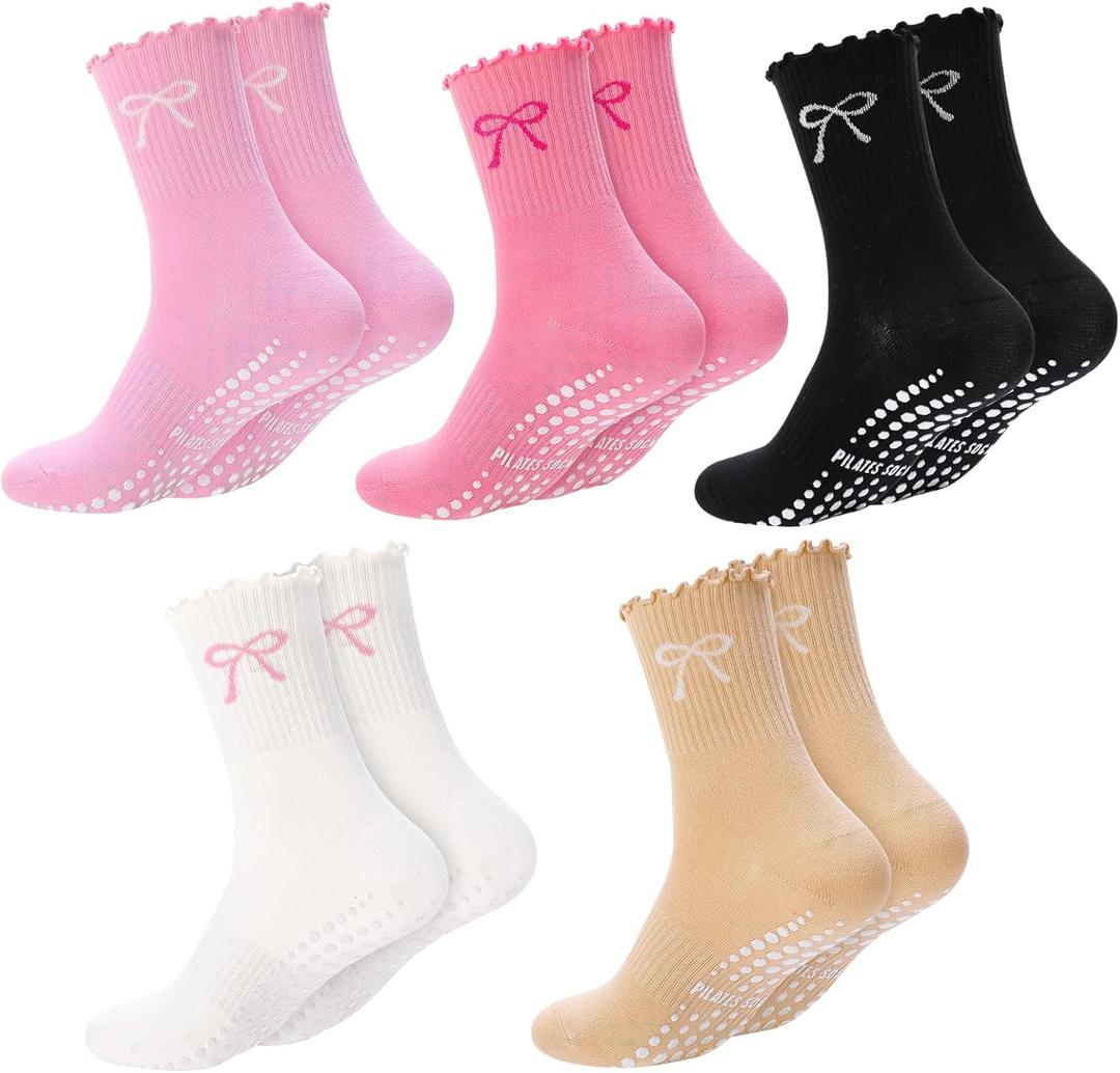 5 Pairs Women Pilates Grip Socks with Ruffle, Cute Non Slip Yoga Socks Bow Frilly Crew Sock for Barre Yoga Dance Workout Barefoot Fitness Hospital Home (Pink)