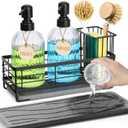 Shinowa Kitchen Dish Soap Dispenser Set, 14OZ Glass Bottle with Rustproof 304 Stainless Steel Sponge Holder and Instant Dry Tray, Hand and Dish Soap Dispenser Set for Kitchen Sink Organizer Decor