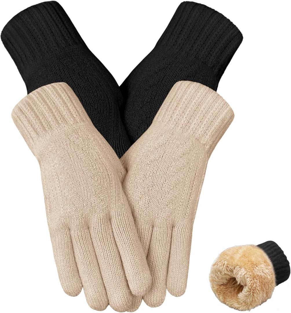 2 Pairs Winter Gloves Women Warm Thick Fleece Lined Stretchy Touchscreen Wool Thermal Knit Gloves for Cold Weather (Black+beige)