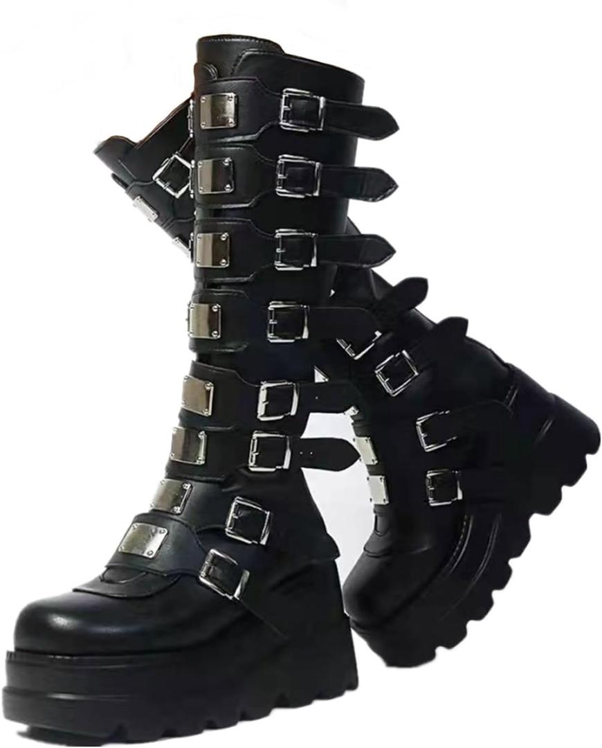 2025 Women's Platform Knee High Goth Boots Chunky High Heel Round-Toe Buckle Boots Lace Up Wedge Heel Studded Goth Knee High Shoes (11, Black)