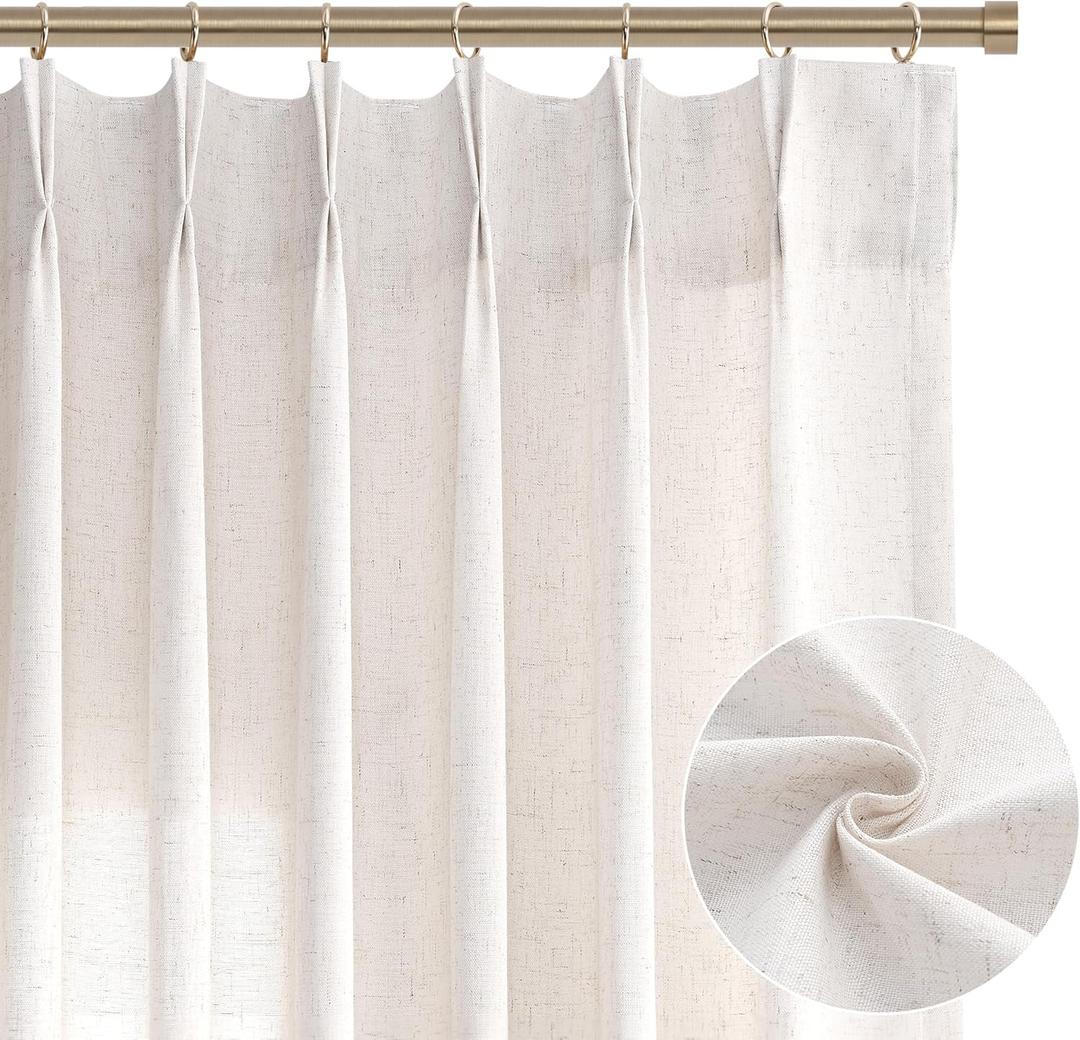 Natural Beige Pinch Pleated Semi Sheer Linen Curtains 84 Inch Length 2 Panels for Living Room Bedroom Cream Colored Boho Room Decor Light Filtering Back Tab Pinch Pleat Window Drapes 84 Inches Long