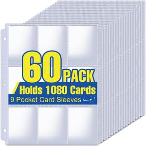 1080 Pockets Card Sleeves Binder Sheets, 9 Pocket Card Sleeves for 3 Ring Binder, Trading Cards Sleeves Fit for Baseball, Football, Game, Business Cards(60 Pages)