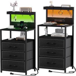SZLHANJZ Night Stand Set 2 with LED Lights, Bedroom Nightstands with Power Outlet and Type C Port, Bed End Tables with 3 Fabric Drawers, Matching Bedside Tables with Hooks and Shelves, [Black Larger Set, 15.7"D x 17.7"W x 38.6"H (3 Drawers)]