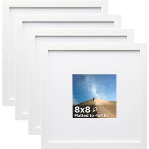 KINLINK 8x8 Picture Frame White Set of 4, Wooden Square Photo Frames Matted 4x4 with Plexiglass for 4x4 with Mat or 8x8 without Mat for Table and Wall Display