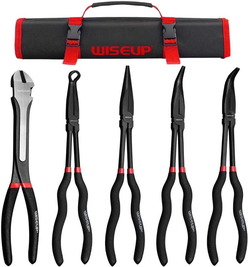 WISEUP 5Pcs Long Needle Nose Pliers Set Premium Carbon Steel11" Long Reach Straight 45 Bent Nose 90 Bent Nose PlierDiagonal Pliers for Narrow Spaces