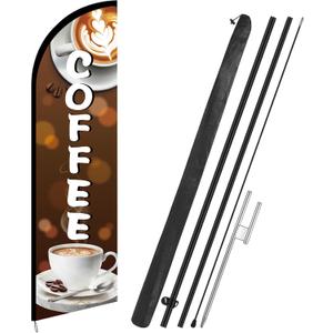 Remagr 1 Pcs 11 ft Coffee Feather Flag Coffee Advertising Swooper Banner with Pole and Ground Stake Windless Shop Sign Tall for Outdoor Business Advertising