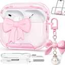 for Airpods Pro 3 Case Pink 2025 with Safety Lock & Phone Stand, 3D Bow Clear iPod Pro 3 Cases with Cute Keychain & Cleaning Kit, Soft TPU Cover for AirPods Pro 3rd Generation Case Girls Women
