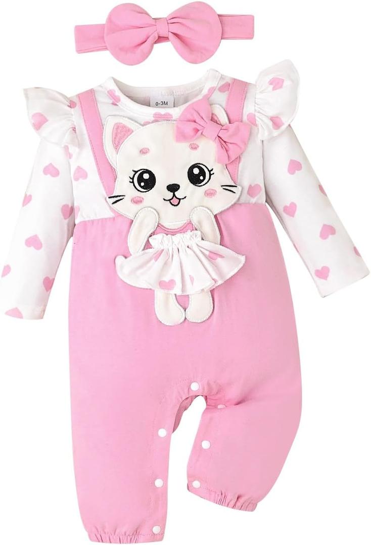 Baby Girl Clothes Newborn Romper Cute Cat Ruffled Long Sleeve Love Fall Winter Outfits with Bow Headband 0-18 Months (3-6 Months, Pink)
