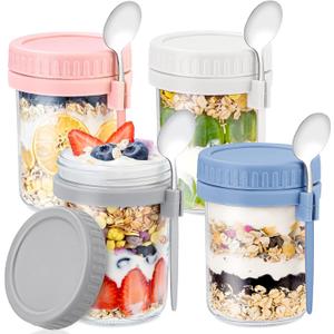 4 Pack Overnight Oats Containers with Lids and Spoons - DRKIO 16 Oz Glass Mason Jars for Overnight Oats Leak Proof Oatmeal Container Great for Cereal Fruit Vegetable Milk Salad Yogurt Meal Prep